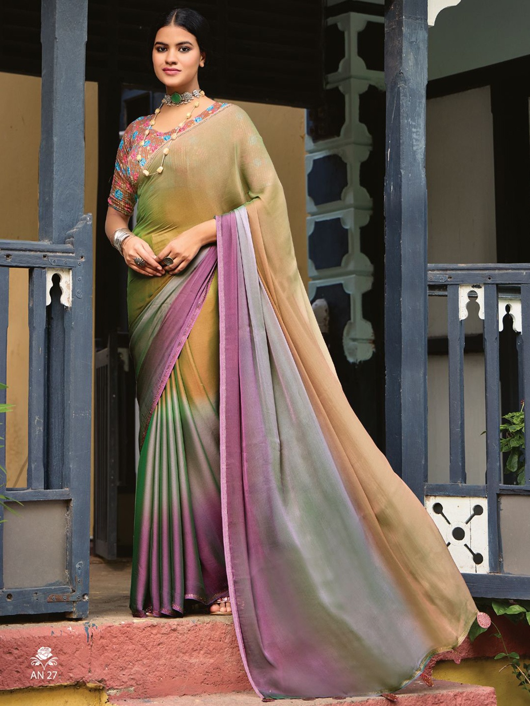 

LeeliPeeri Designer Ombre Beads and Stones Poly Chiffon Saree, Brown