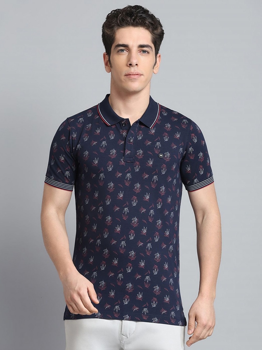 

Monte Carlo Men Floral Printed Polo Collar Tropical Pockets T-shirt, Navy blue