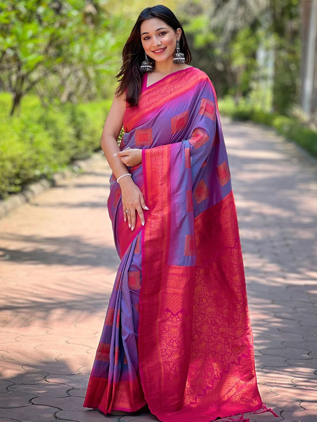 

all about you Woven Design Zari Silk Blend Banarasi Saree, Lavender