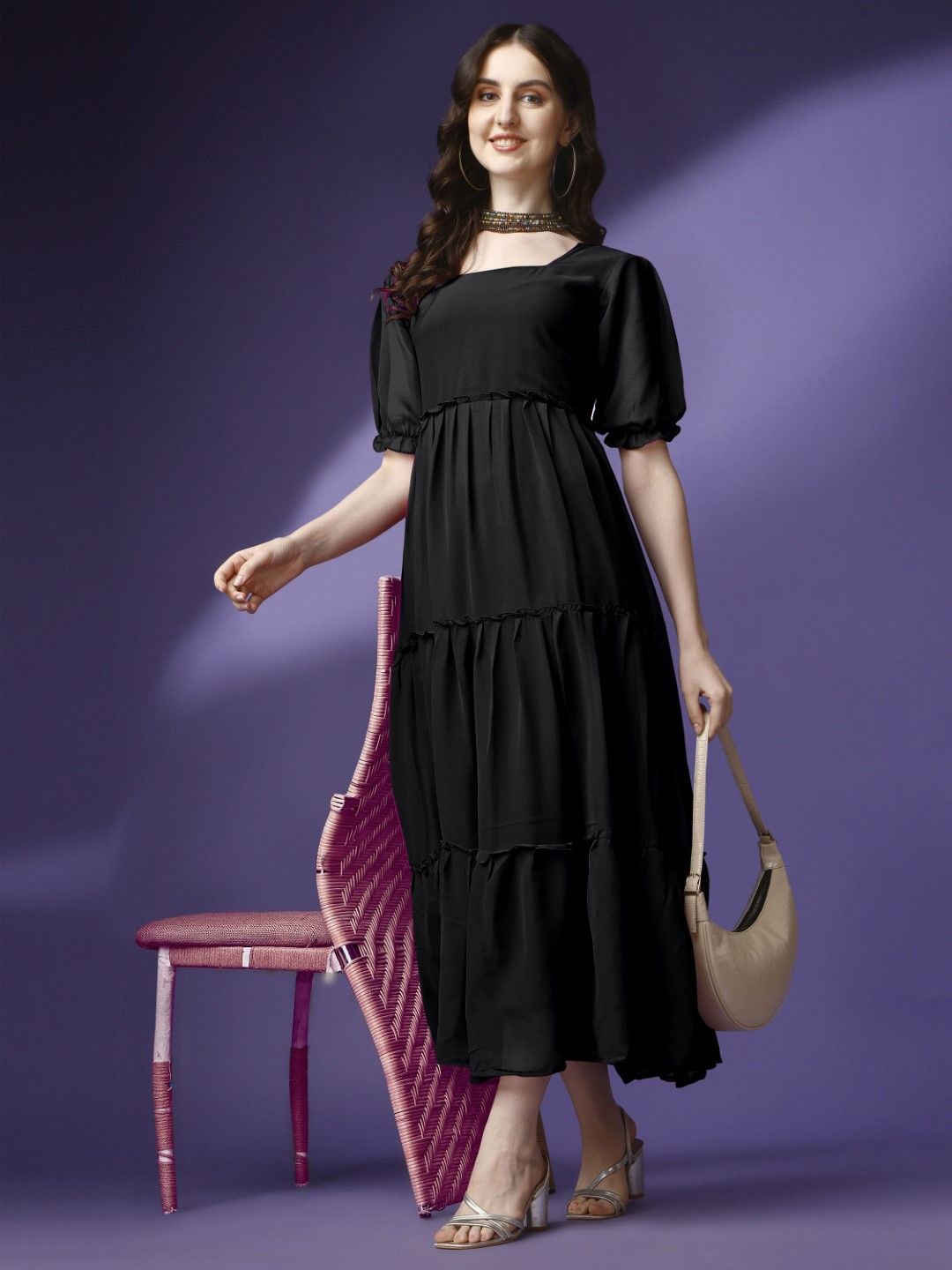 

Jash Creation Bell Sleeve Applique Georgette Fit & Flare Maxi Dress, Black
