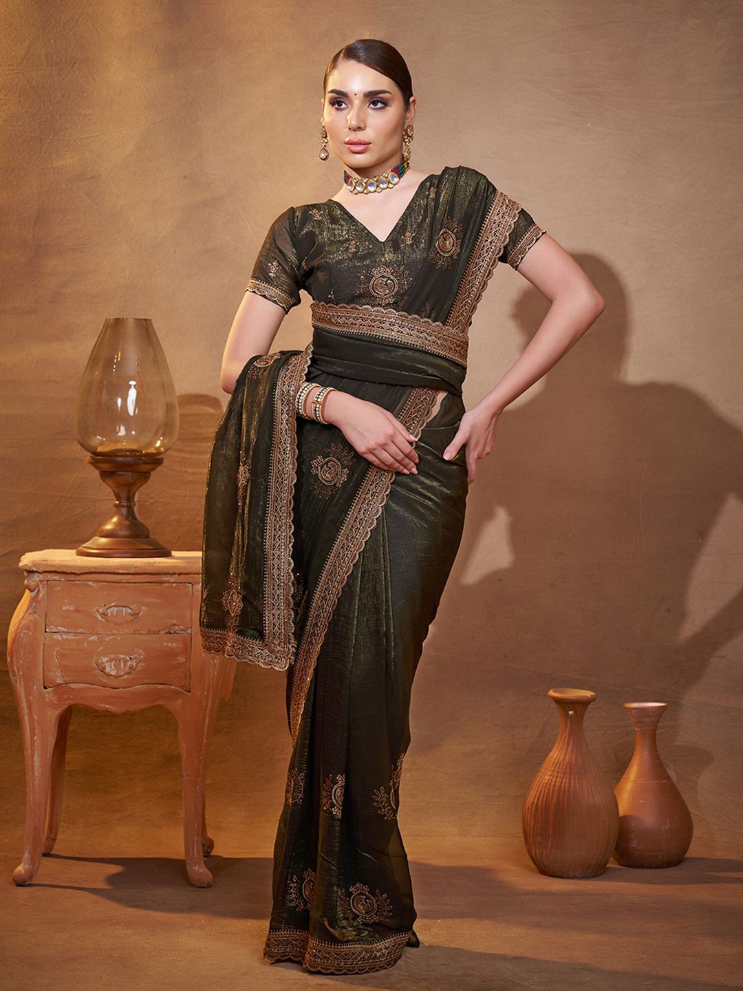 

modeva Ethnic Motifs Zari Satin Heavy Work Saree, Green