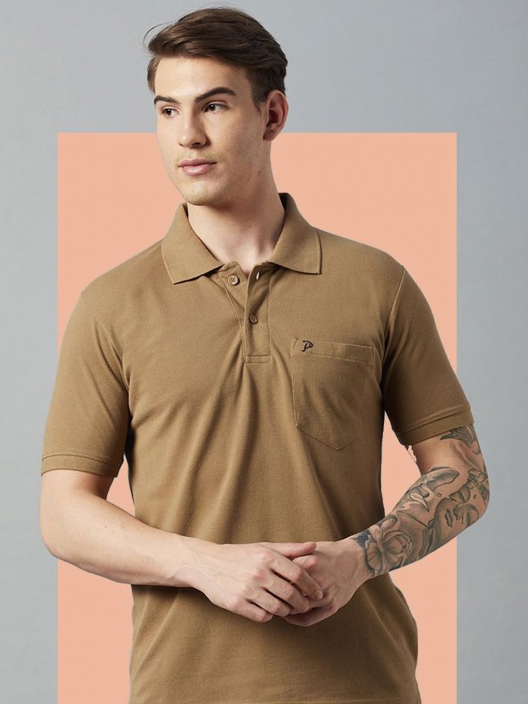 

Promount Men Polo Collar Pockets T-shirt, Brown