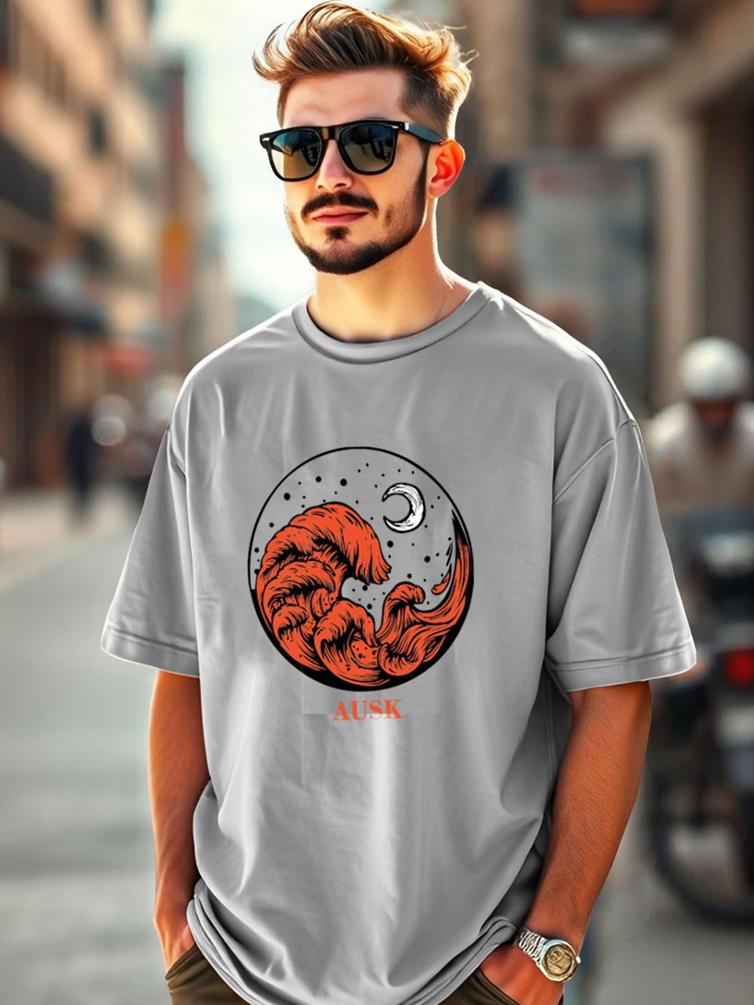 

AUSK Men Printed Drop-Shoulder Sleeves Applique T-shirt, Grey