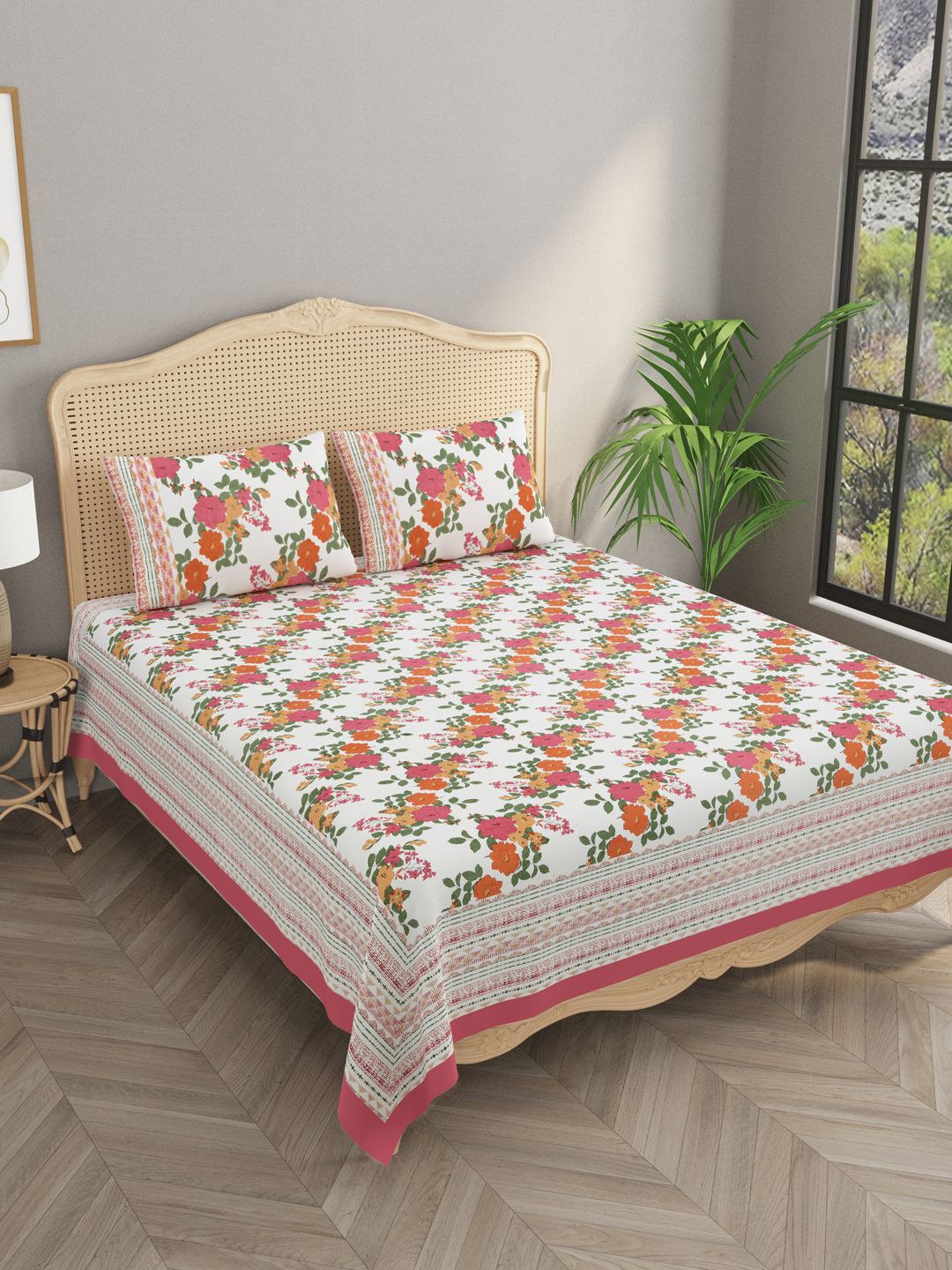 

Gulaab Jaipur White & Pink Floral 400 TC King Bedsheet with 2 Pillow Covers