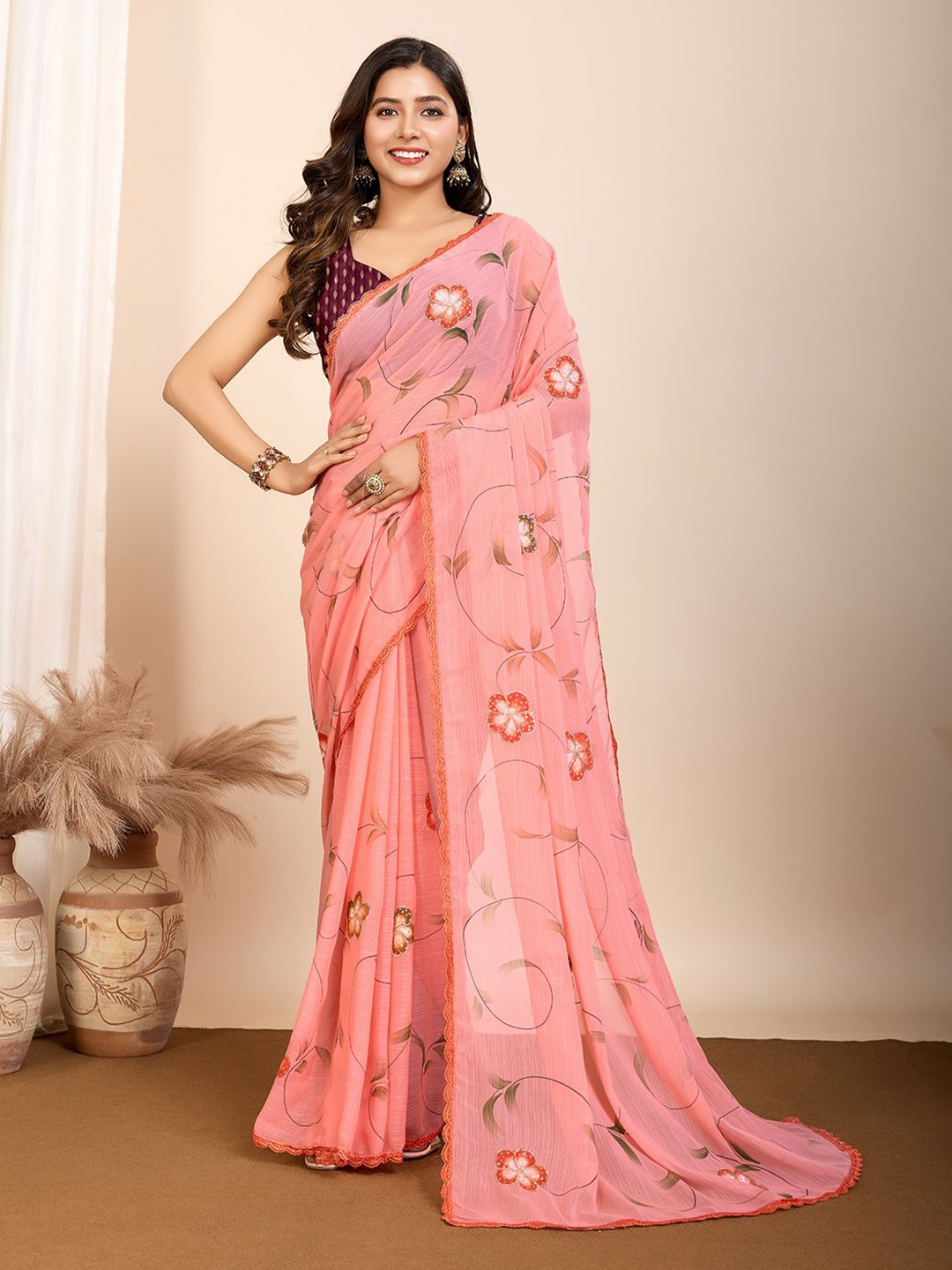 

Rangtulika Ethnics Floral Embroidered Pure Georgette Saree, Peach