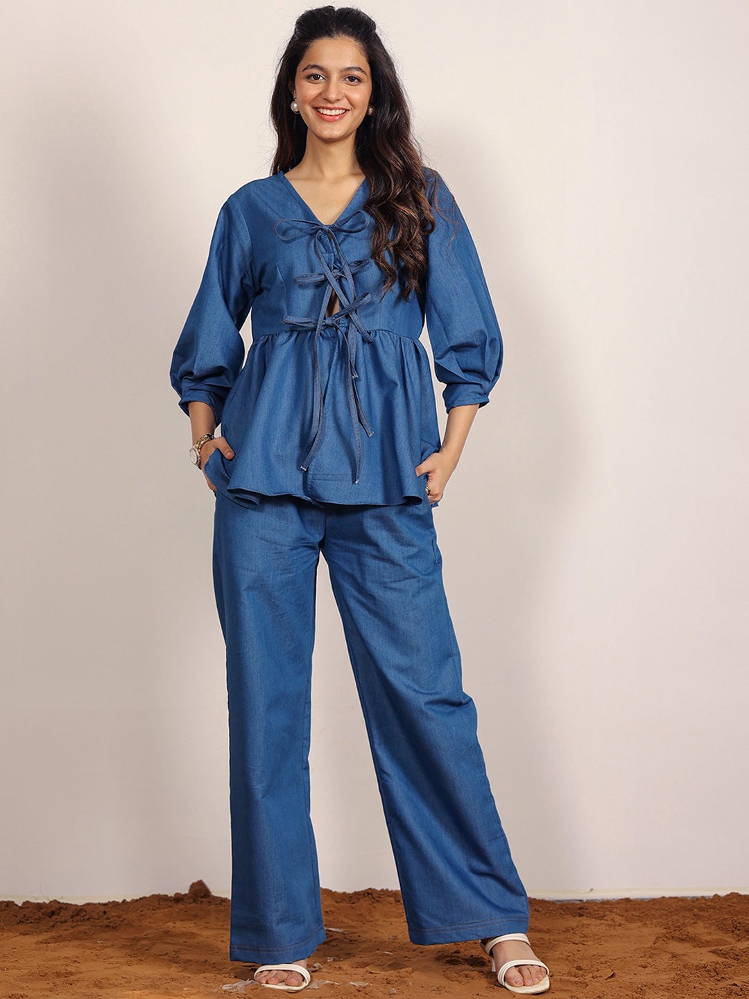 

KAORI BY SHREYA AGARWAL V-Neck Denim Top With Trouser Co-Ords, Blue