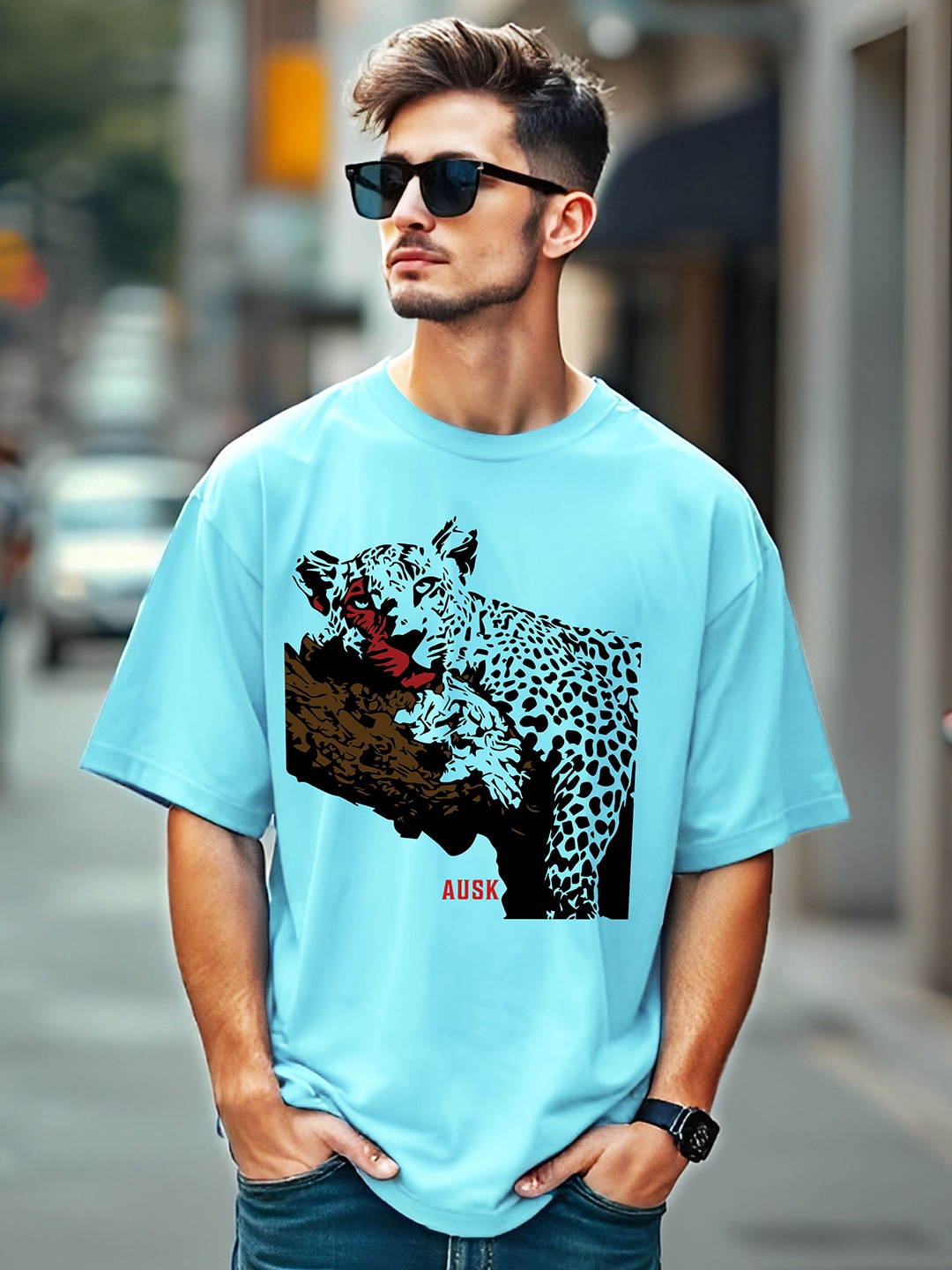 

AUSK Men Printed Drop-Shoulder Sleeves Pockets T-shirt, Blue