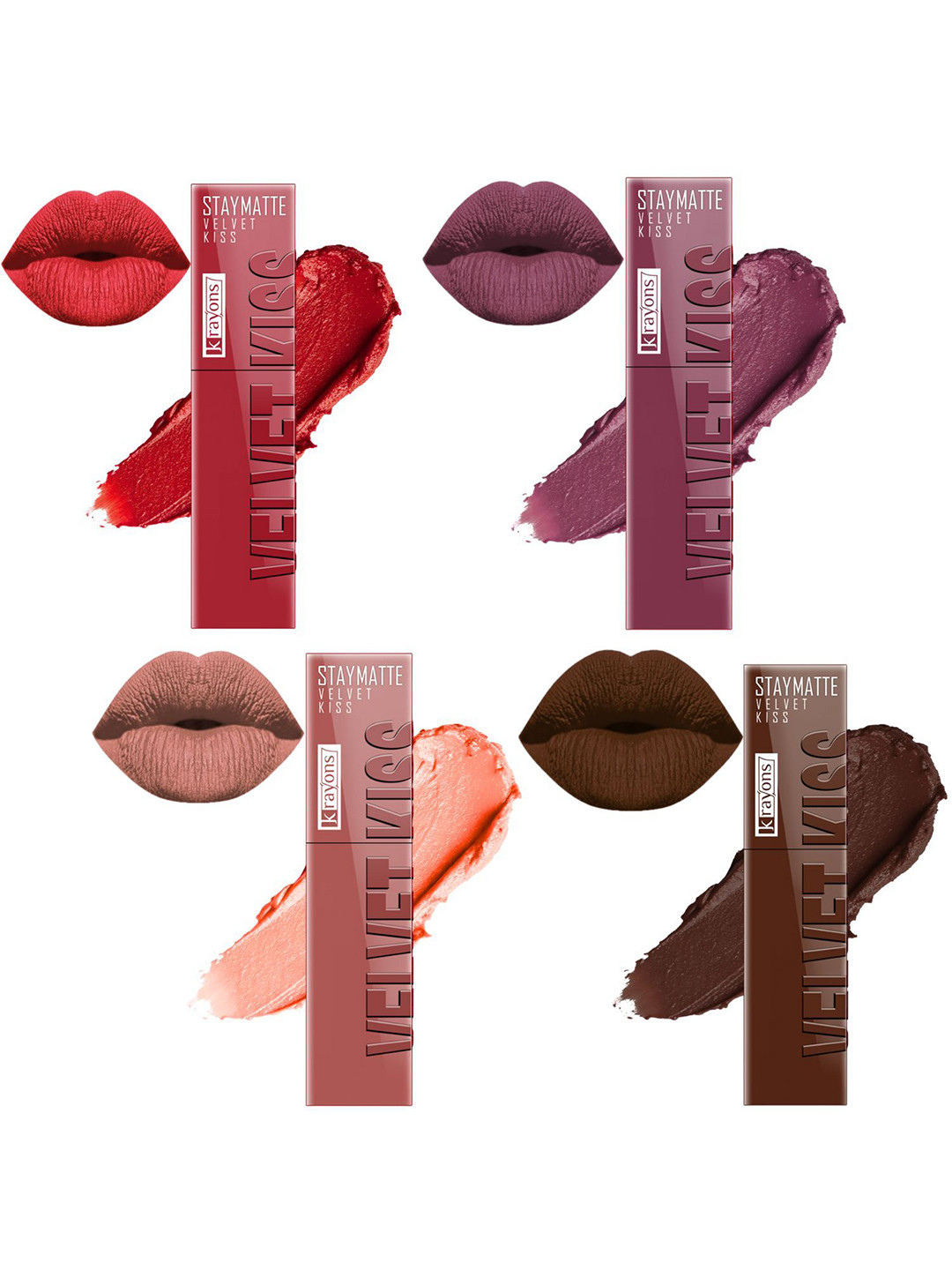 

krayons StayMatte Velvet Kiss Set Of 4 Matte Liquid Lipstick- 3.5 ml Each - 01 04 05 07, Nude