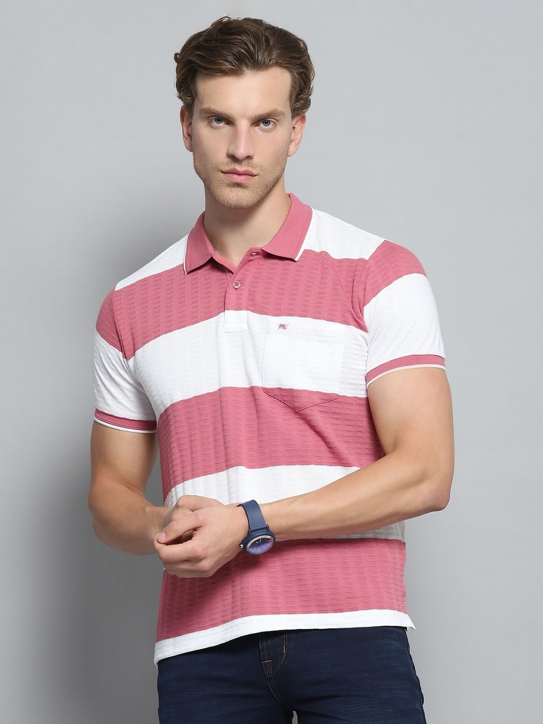 

Monte Carlo Men Striped Polo Collar Pockets T-shirt, Pink