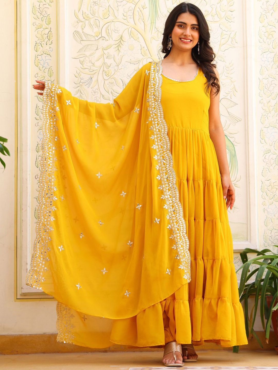

Wedani Women Tiered Sequinned Kurta with Pyjamas & With Dupatta, Yellow