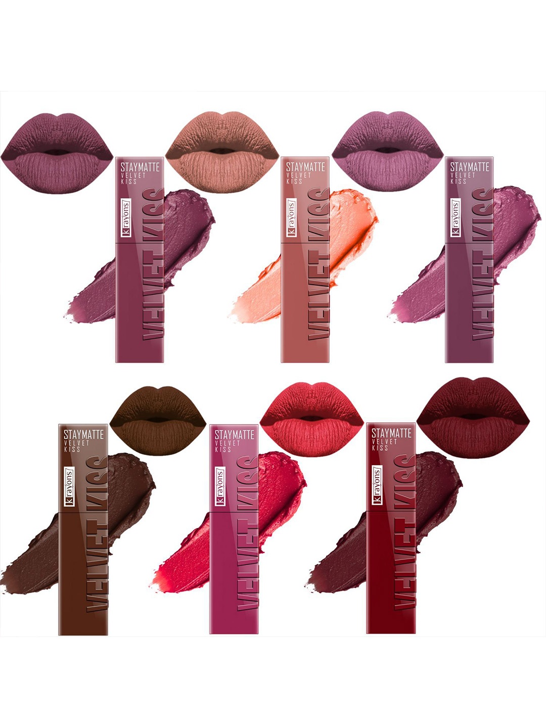 

krayons Set Of 6 Velvet Kiss Non Transfer Liquid Matte Lipstick - 3.5 ml Each, Nude
