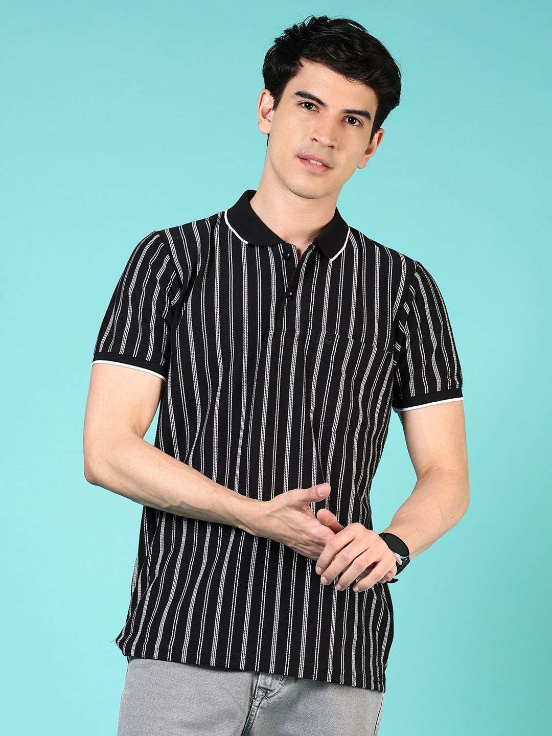 

V-Mart Men Striped Polo Collar Monochrome Pockets T-shirt, Black