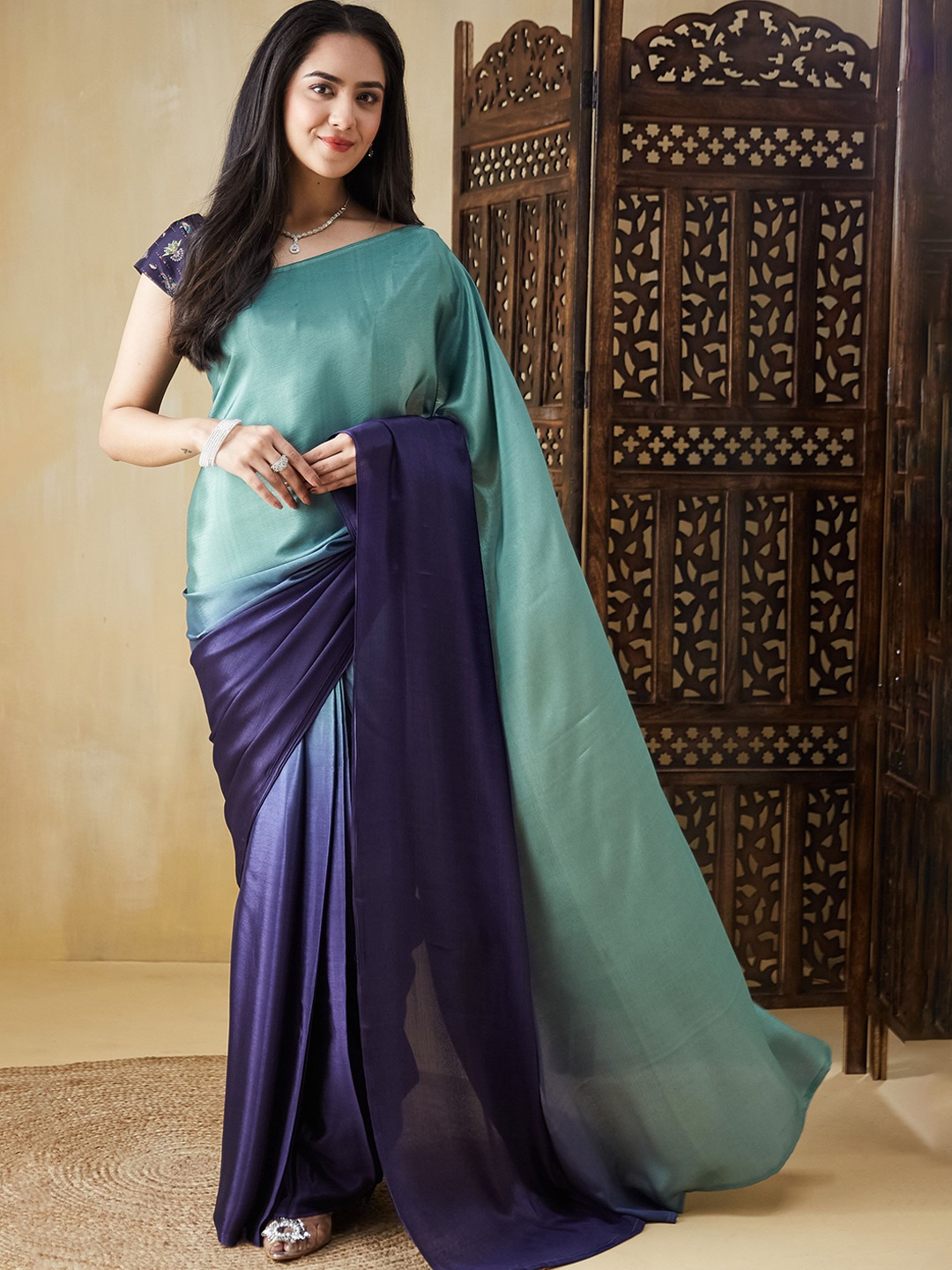 

RACHNA Ombre Satin Saree, Green