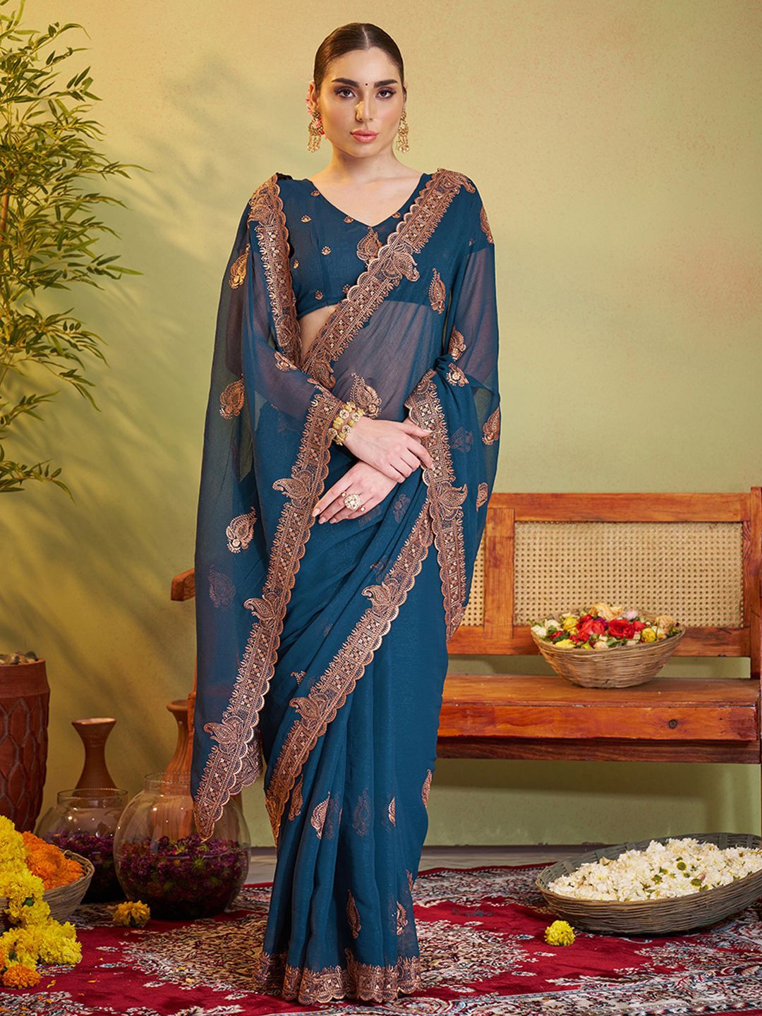 

modeva Embellished Sequinned Satin Saree, Navy blue