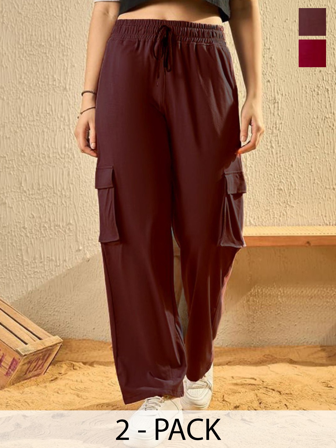 

White Moon Women Pack Of 2 Cotton Mid-Rise Track Pants, Maroon