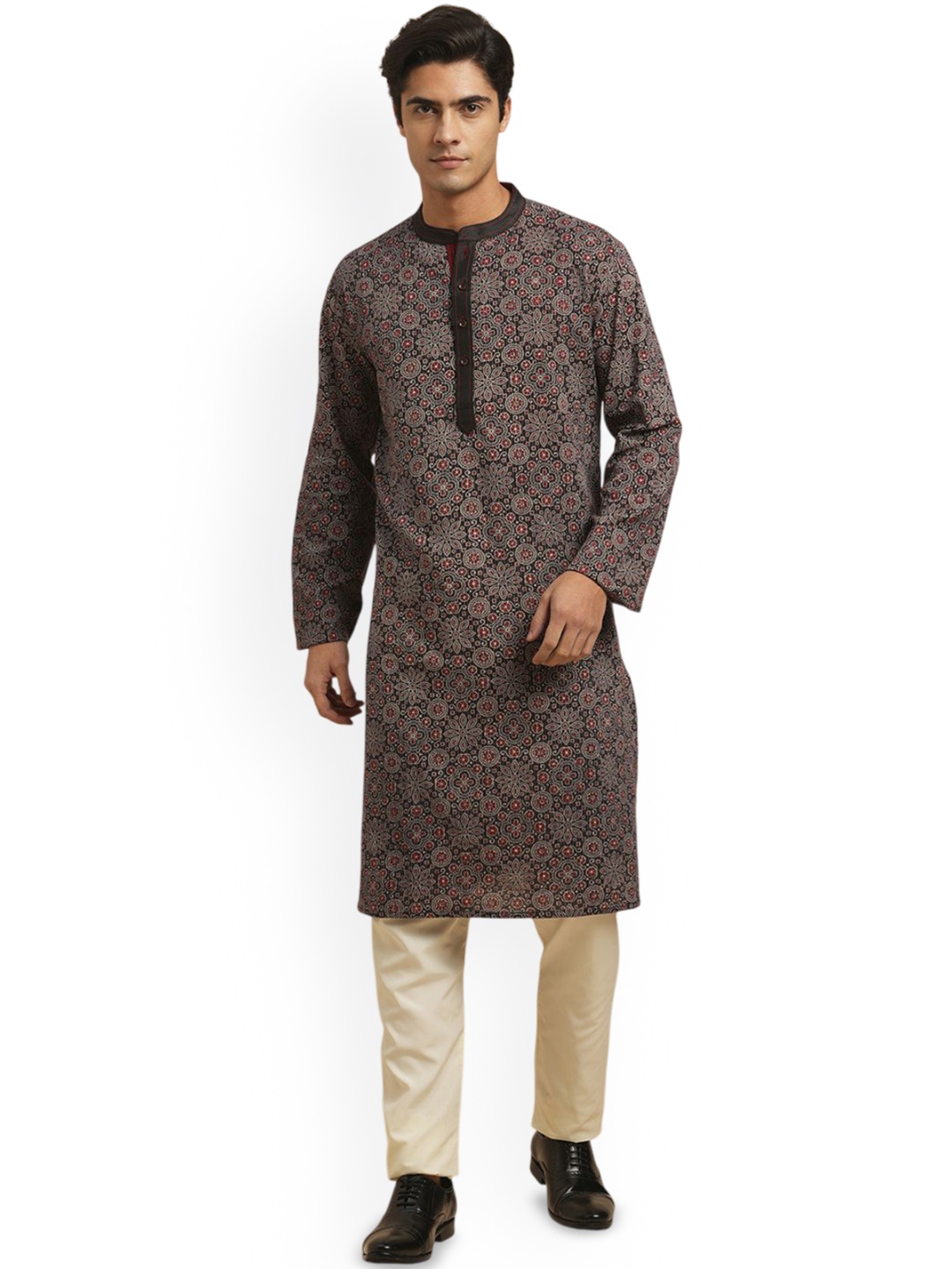 

Arch element Men Geometric Printed Flared Sleeves Thread Work Kurta, Black