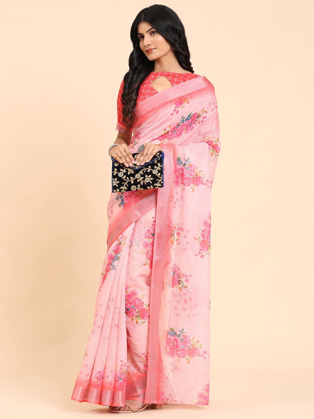 

BAPS Floral Pure Linen Saree, Pink