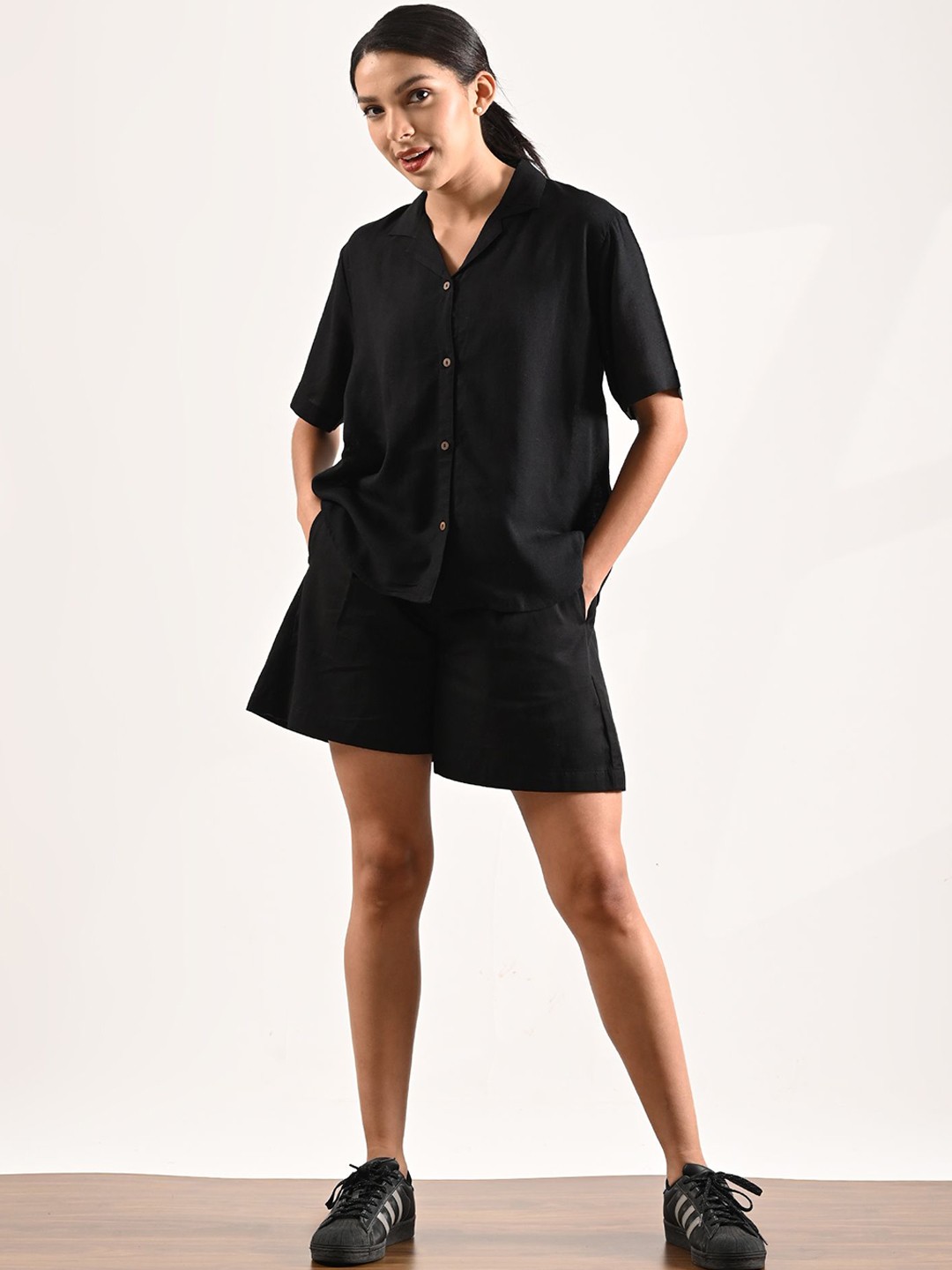

Saltpetre Women Black Cuban Collar Shirt With Short Co-Ord Set