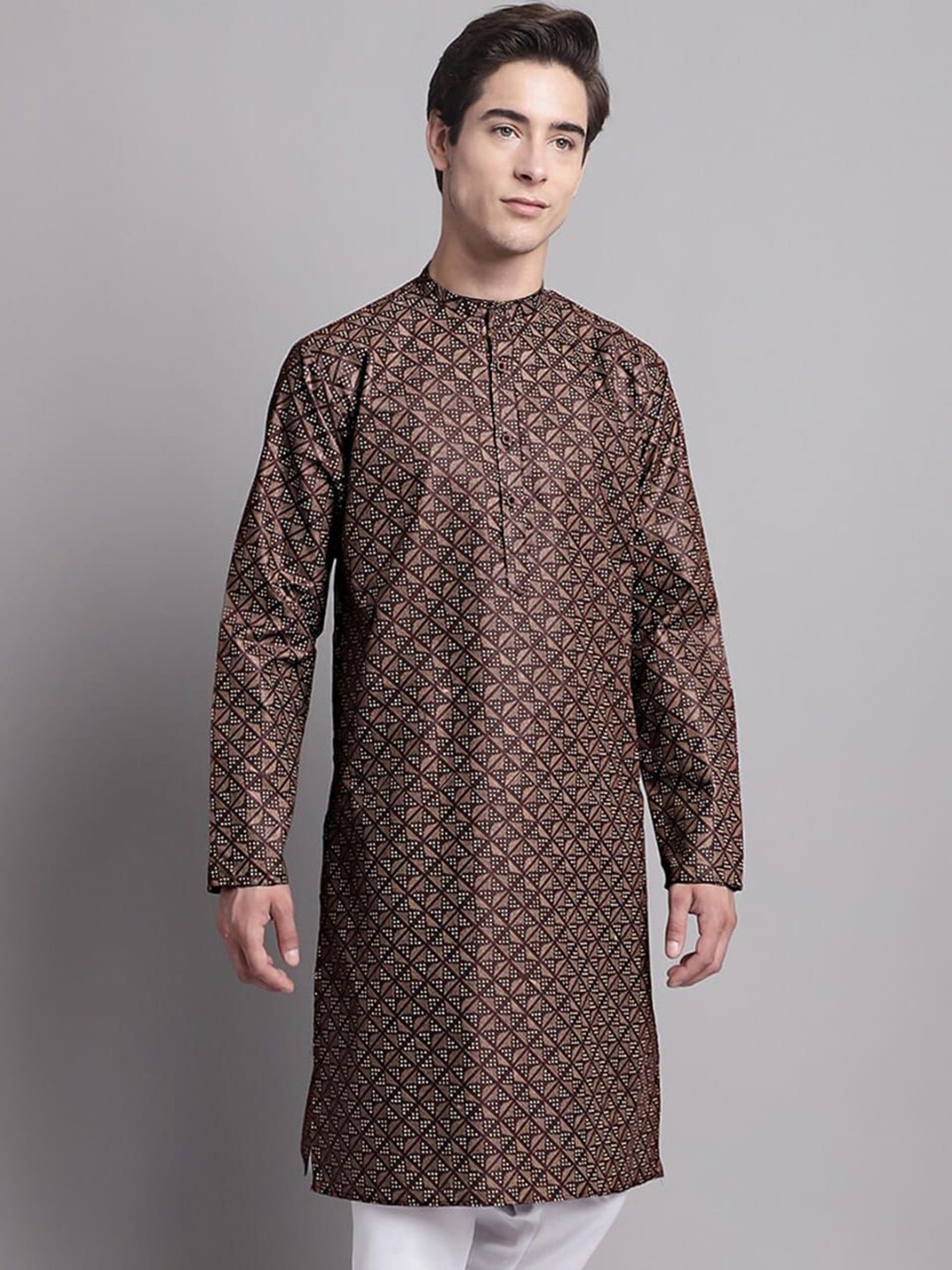 

Arch element Men Flared Sleeves Thread Work Pathani Kurta, Brown