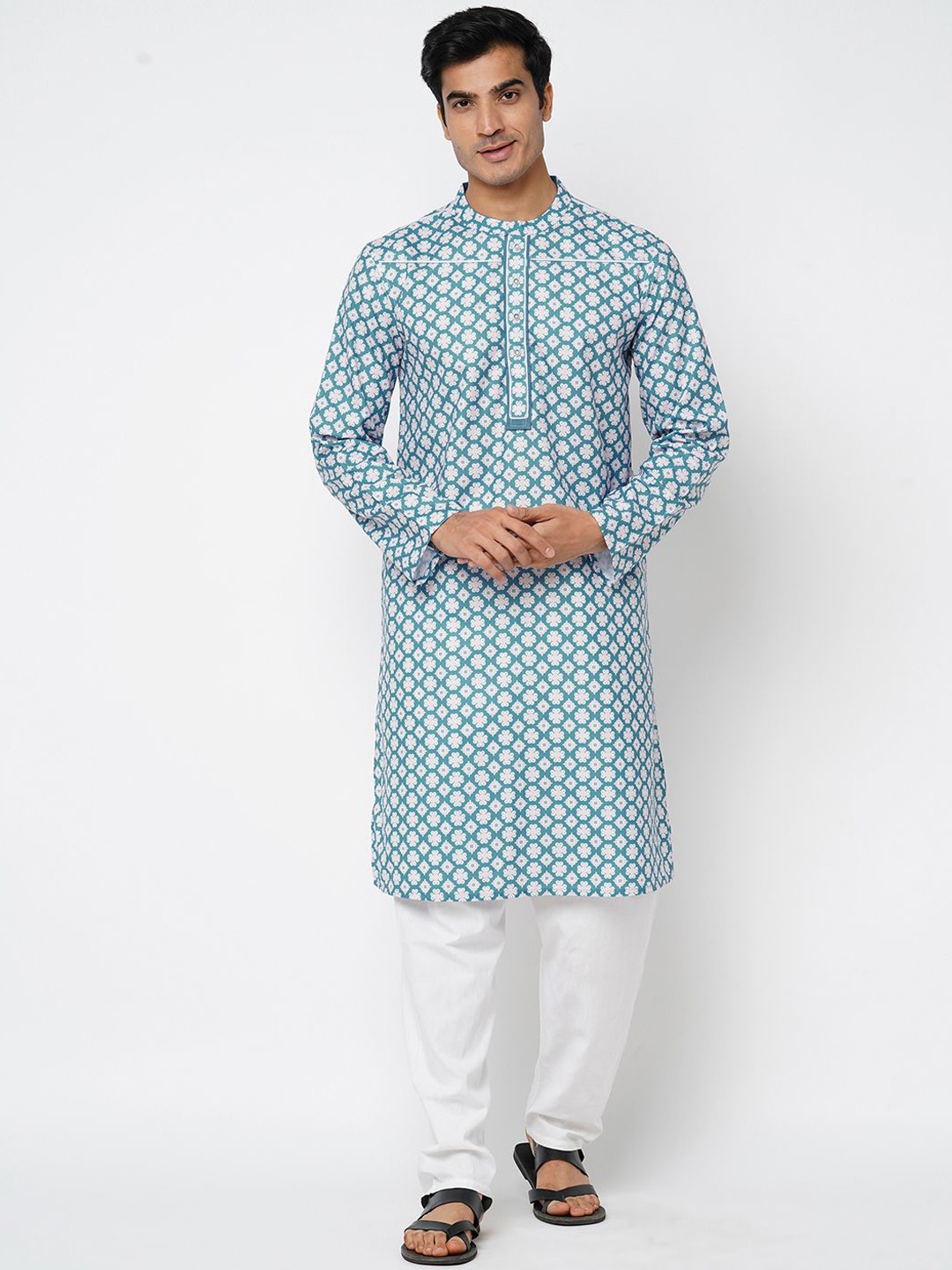 

Arch element Men Ethnic Motifs Printed Thread Work Kurta, Blue