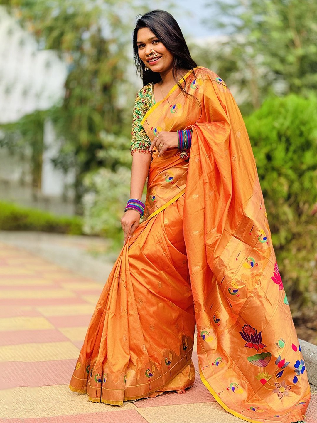 

all about you Woven Design Zari Silk Blend Paithani Saree, Orange