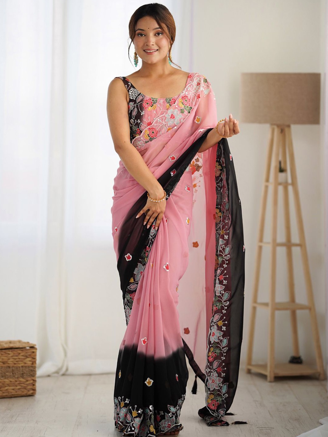 

LeeliPeeri Designer Floral Embroidered Poly Georgette Saree, Black
