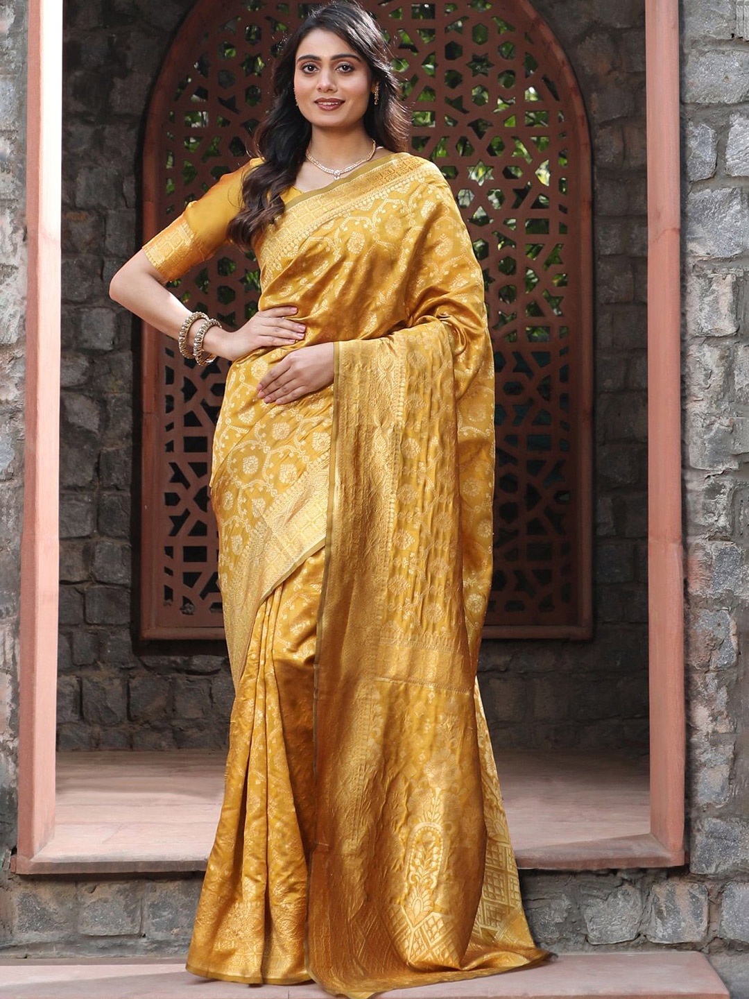 

ORUS Woven Design Zari Silk Blend Banarasi Saree, Mustard