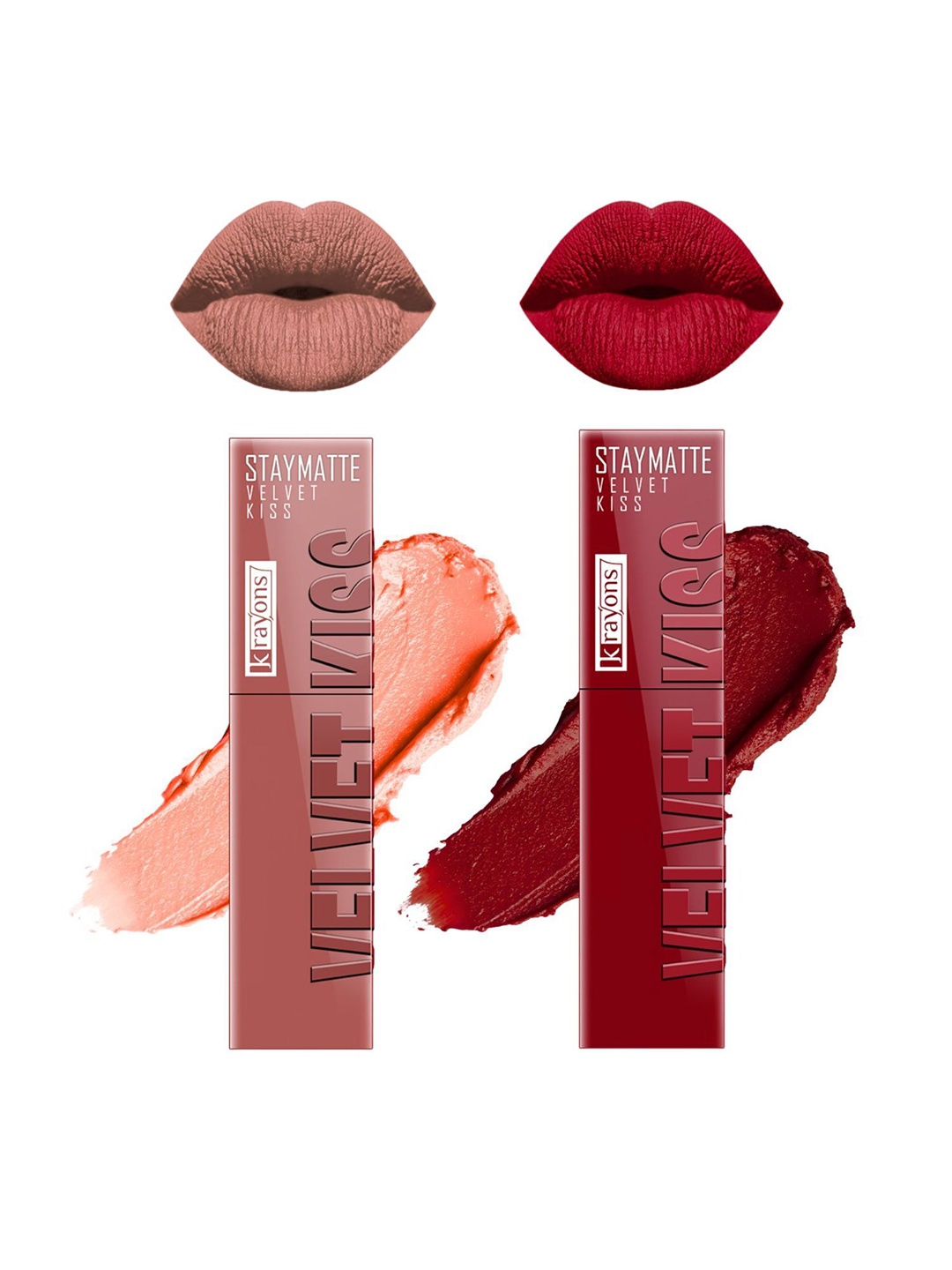 

krayons Velvet Kiss Set Of 2 Liquid Lipstick - 3.5 ml Each Ruby Red 12 Sheer Nude 05