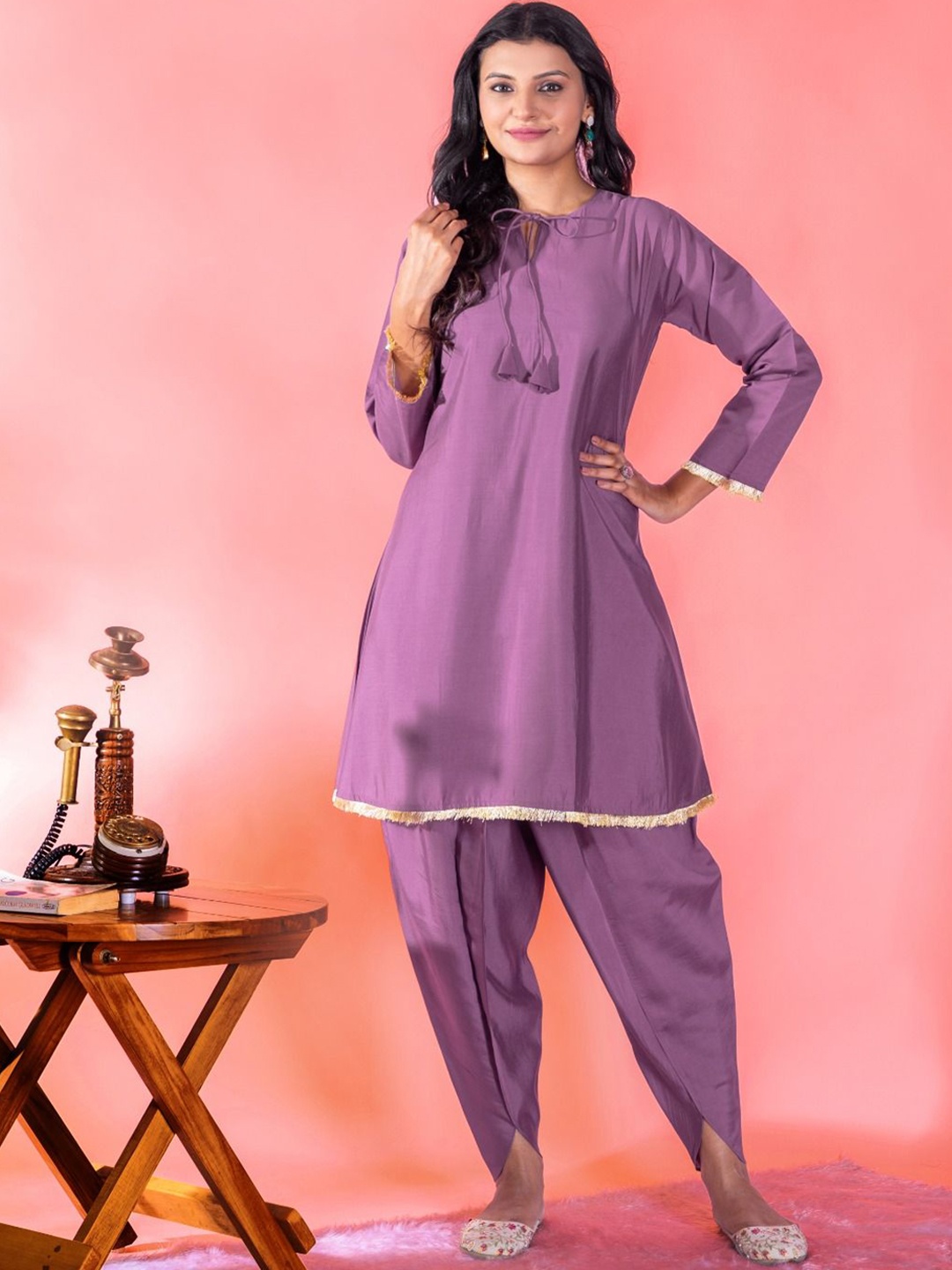 

ANVERI TEXTILE Women Regular Pure Silk Kurta with Dhoti Pants, Purple
