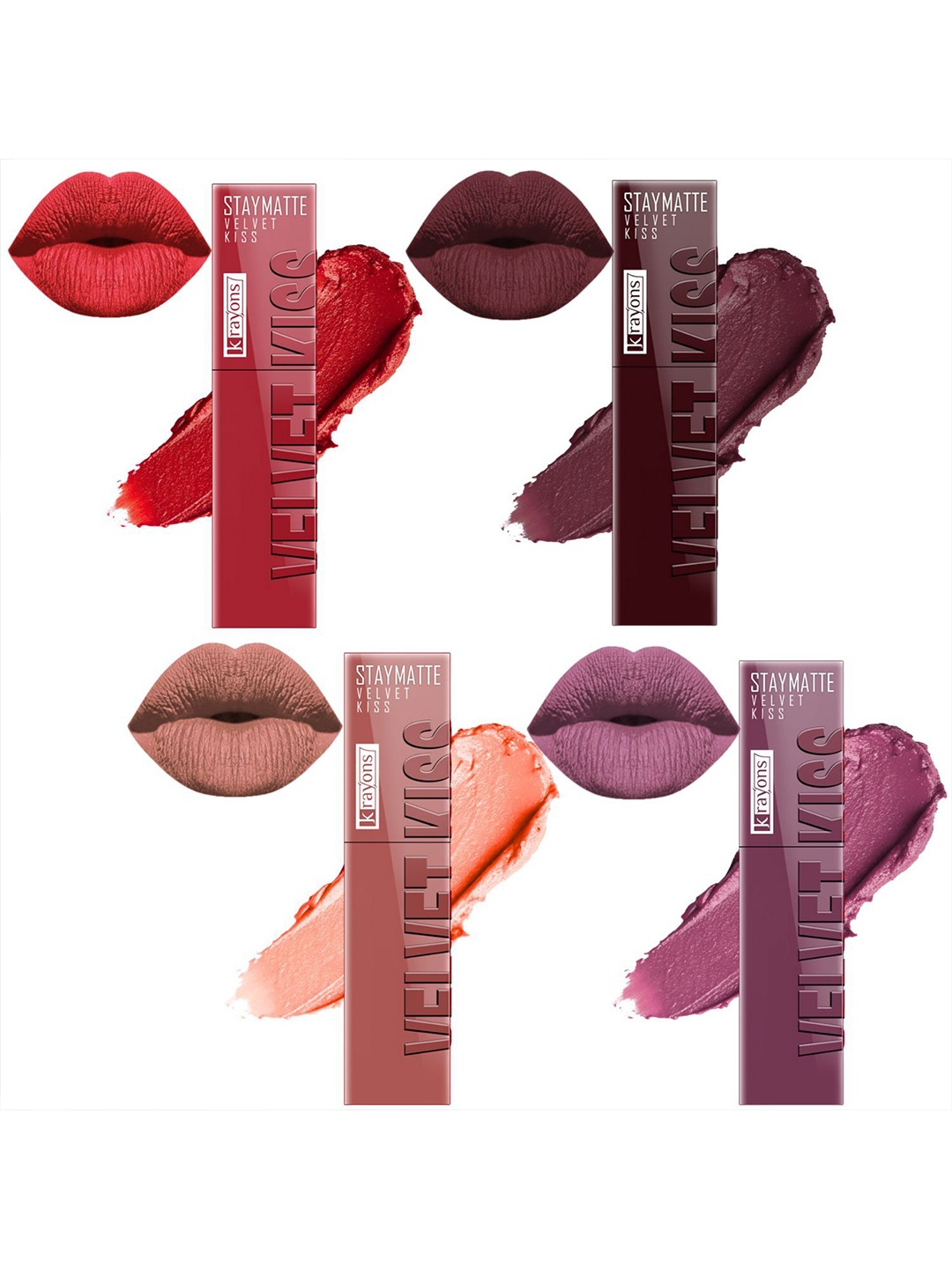 

krayons Velvet Kiss Set Of 4 Non Transfer Liquid Lipstick - 3.5 ml Each Shade 01-02-05-06, Red