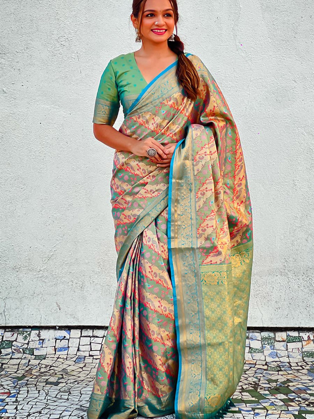 

all about you Woven Design Zari Silk Blend Dharmavaram Saree, Sea green
