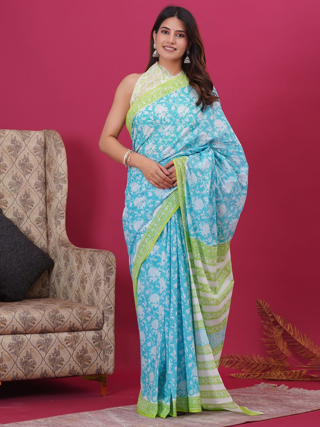 

Vanedik Floral Pure Cotton Block Print Saree, Blue