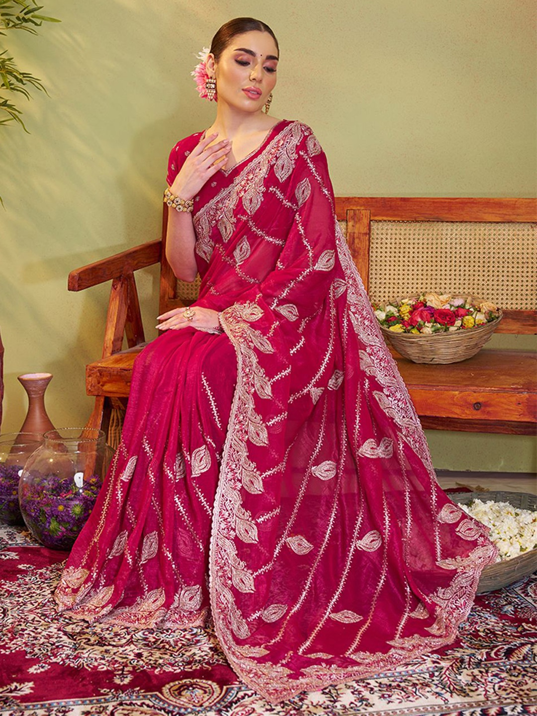 

Kalista Ethnic Motifs Zari Satin Saree, Red