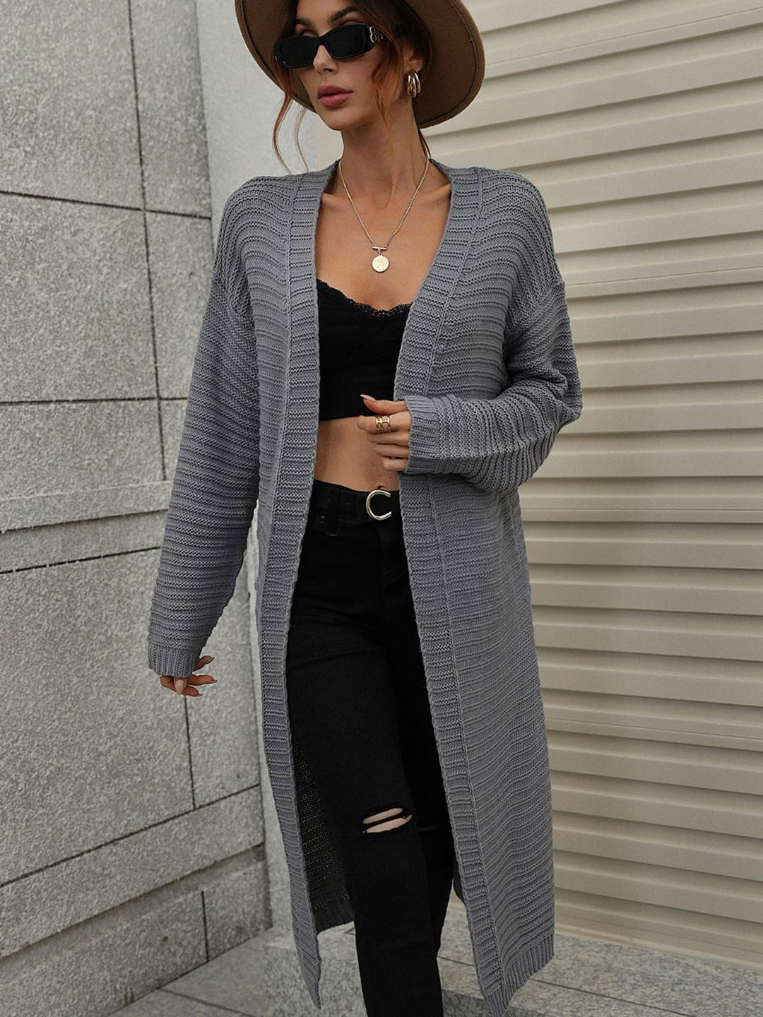 

Oh Rare Women Cable Knit Longline Cardigan, Charcoal