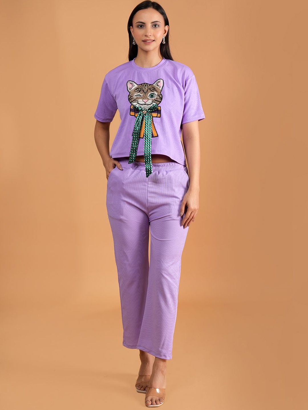 

Dreambe Printed Round Neck T-shirt With Trousers Co-Ords, Purple
