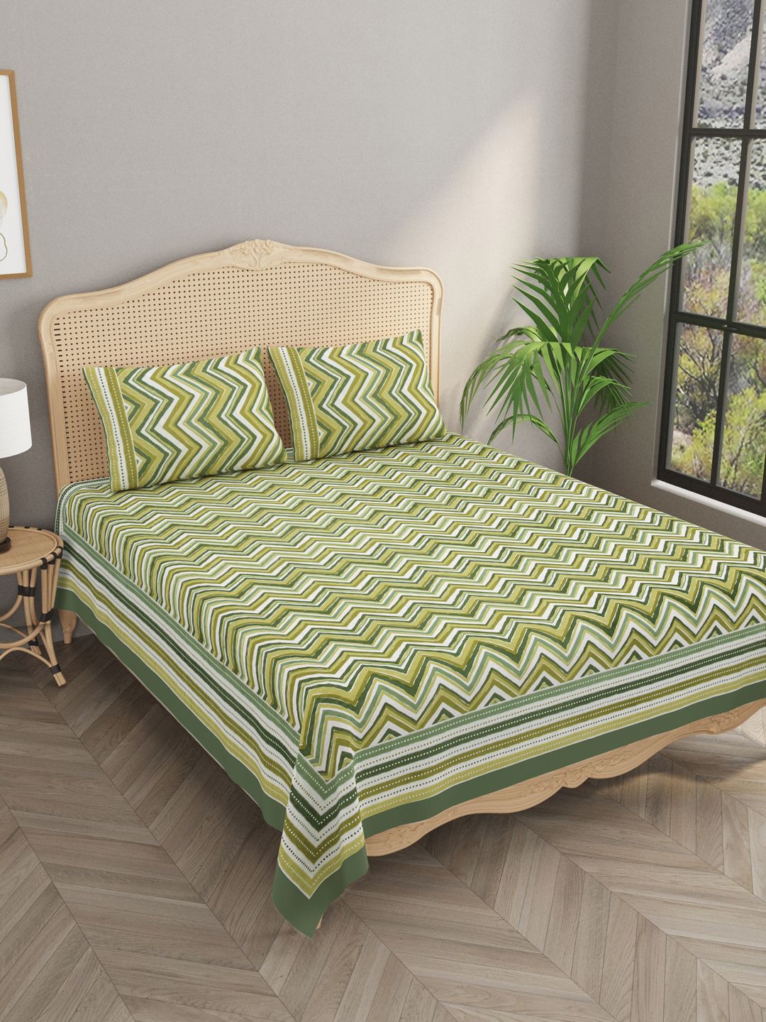 

Gulaab Jaipur Cream-Coloured & Green Geometric 400 TC Queen Bedsheet with 2 Pillow Covers