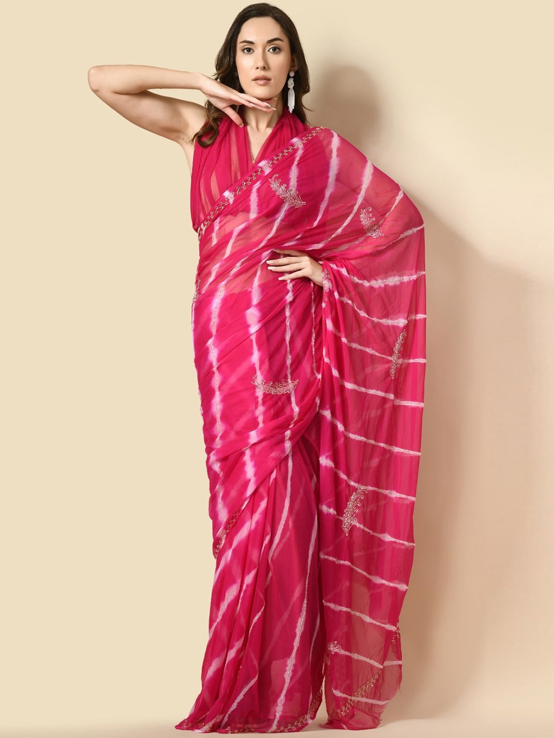 

House of Chiffon Striped Poly Chiffon Saree, Pink