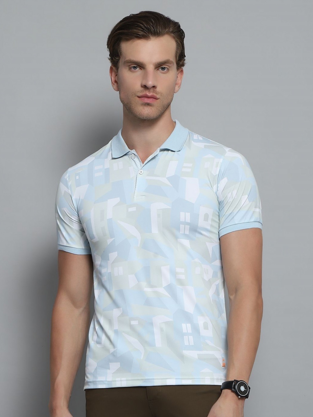 

Monte Carlo Men Floral Printed Polo Collar Tropical Pockets T-shirt, Blue