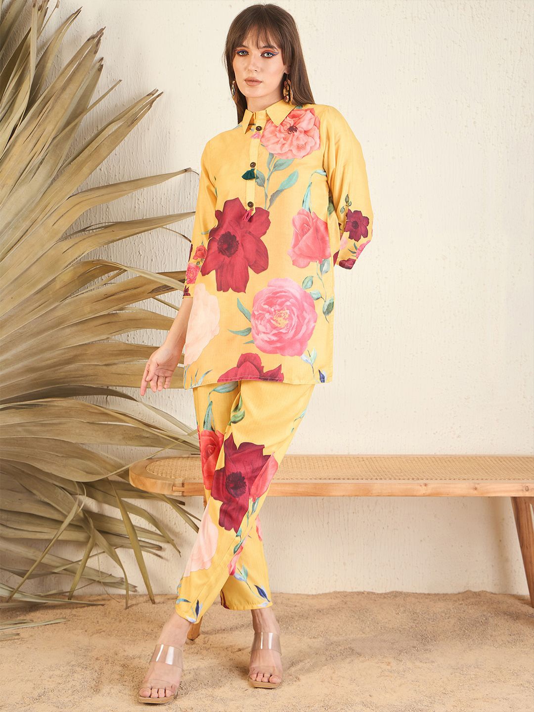 

ZUMMER Printed Shirt Collar Top With Trousers Co-Ords, Yellow