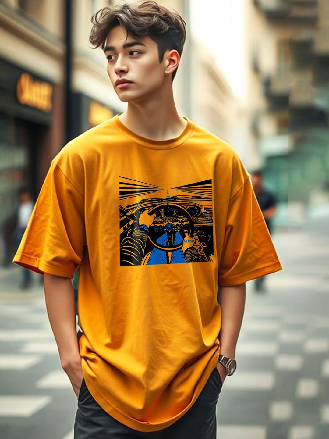 

AUSK Men Printed Applique T-shirt, Yellow