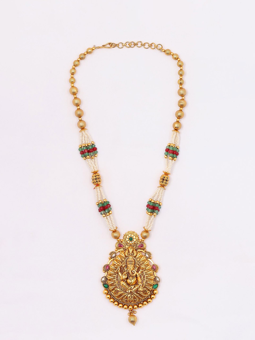

Exotic India Chaturbhuja Lord Ganesha Necklace & Earrings Set With Beads, Gold