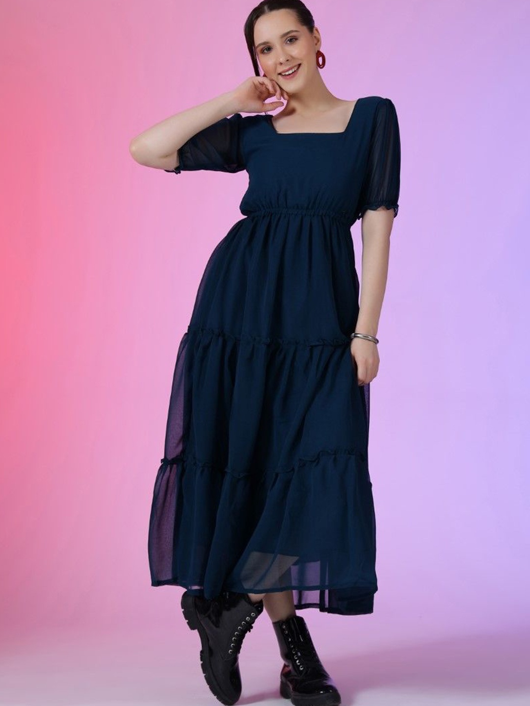 

Jash Creation Puff Sleeve Applique Georgette Fit & Flare Maxi Dress, Blue