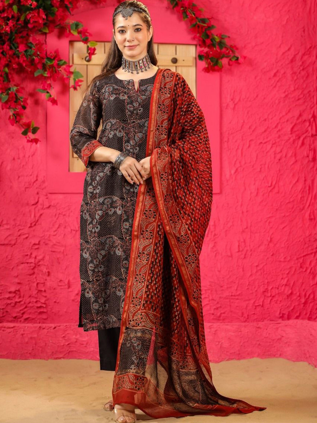 

BAESD Women Floral Printed Pleated Top with Trousers & With Dupatta, Brown