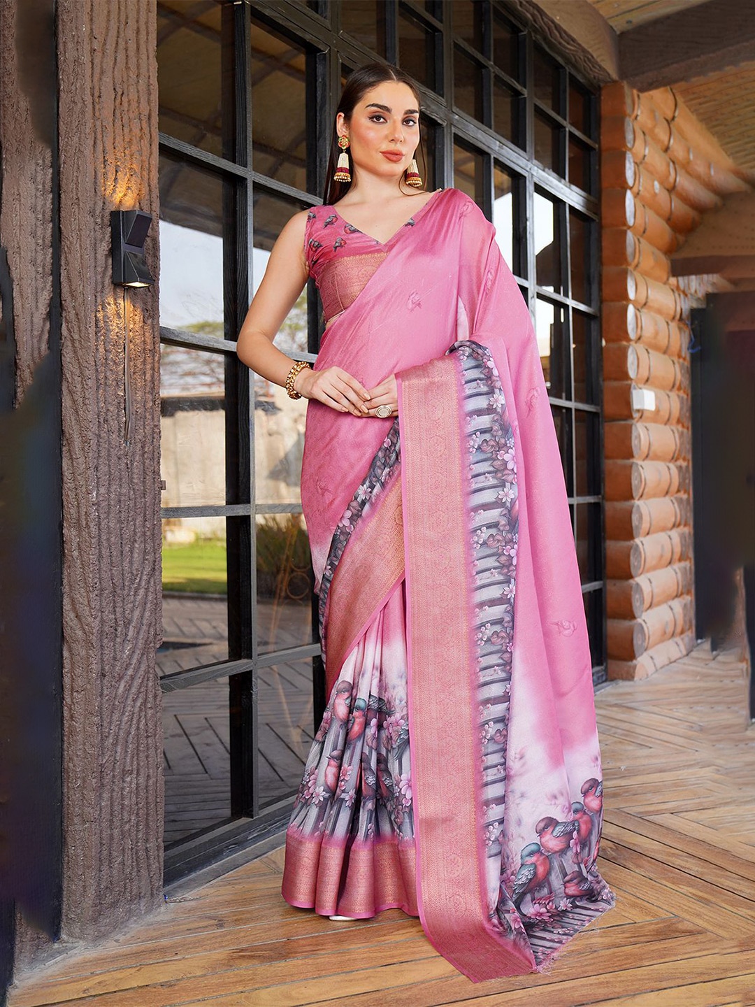 

Sitanjali Floral Zari Poly Chiffon Saree, Pink