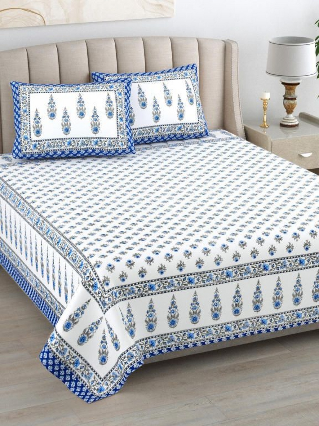 

Urban Jaipur Turquoise Blue & Cream-Coloured Floral 220 TC King Bedsheet with 2 Pillow Covers