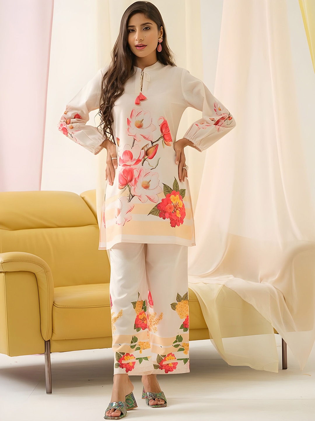 

Jade & Julie Printed Pure Cotton Mandarin Collar Neck Top With Palazzo Co-Ords, White