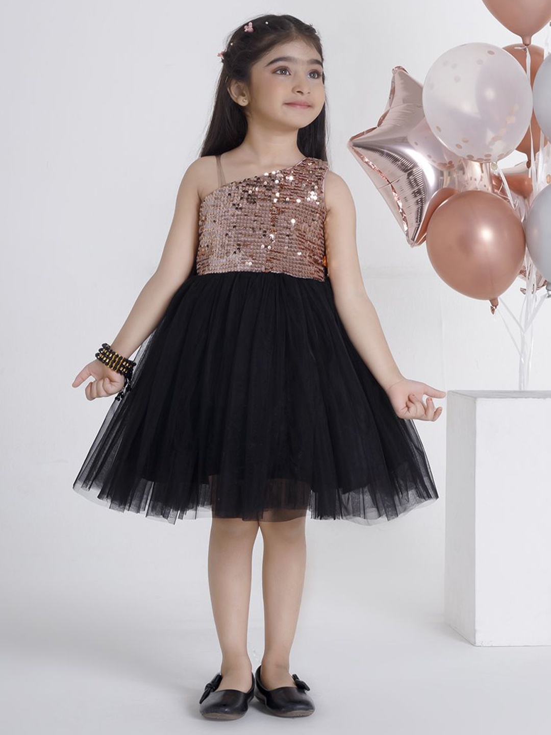 

Ministitch One Shoulder Applique Net Fit & Flare Dress, Black