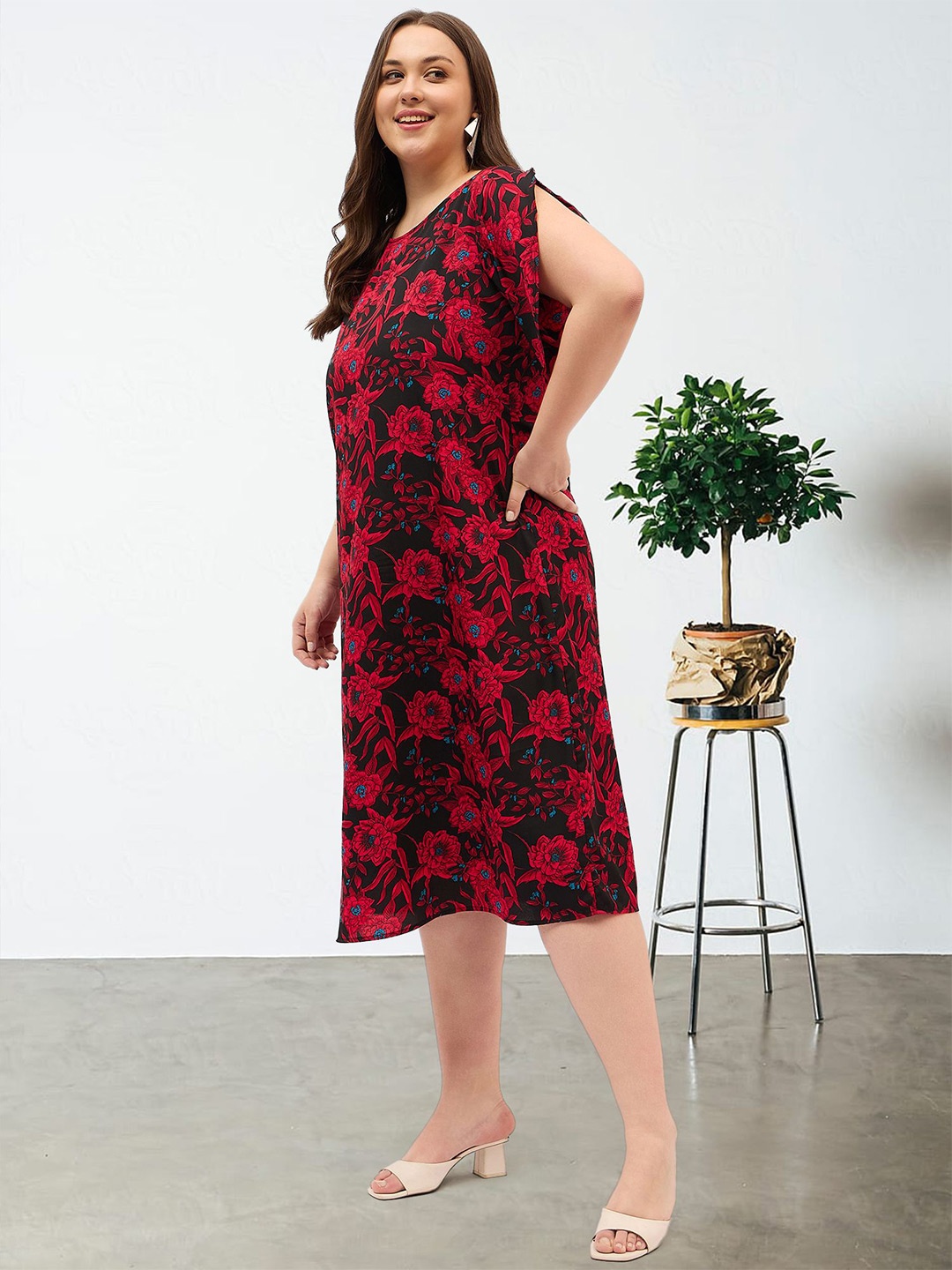 

DressBerry Floral Print Flutter Sleeve Crepe A-Line Midi Dress, Black