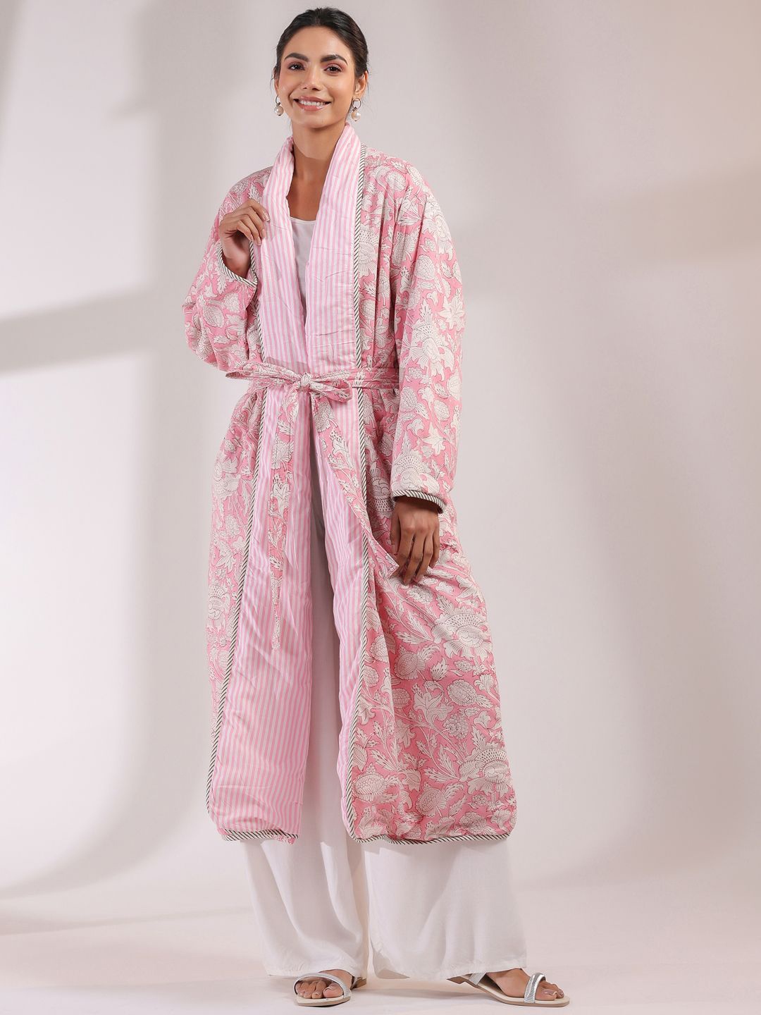 

Jaipur Morni Printed Reversible Pure Cotton Quilted Robe, Pink