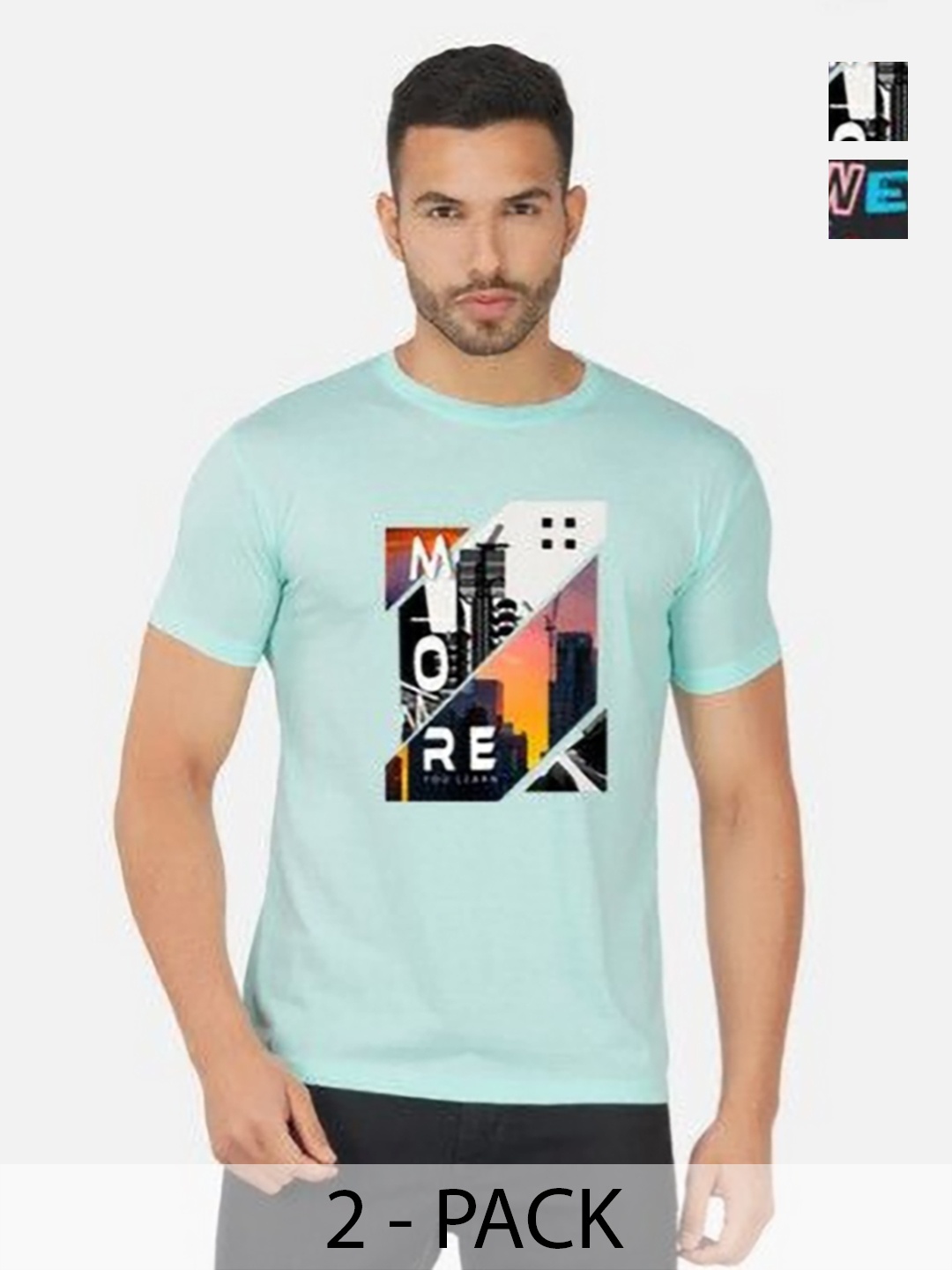 

GLOBAL NOMAD Men 2 Printed Bio Finish Applique T-shirt, Turquoise blue